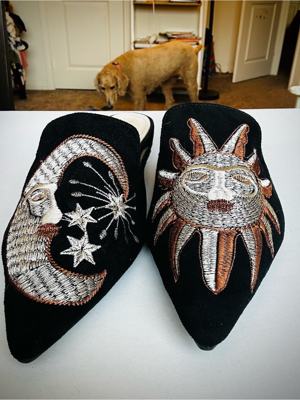 Black Embroidered Sun Moon Pointed Toe Mules Celestial Shoes  Womens 11 - Picture 2 of 5